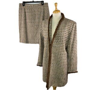 Vtg Designs by Seymour 14 Skirt Suit Boucle Tweed Pockets Faux Fur Trim USA Made